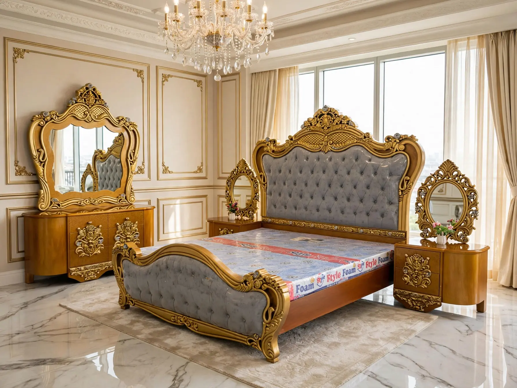French Baroque Grey Tufted Bed Set