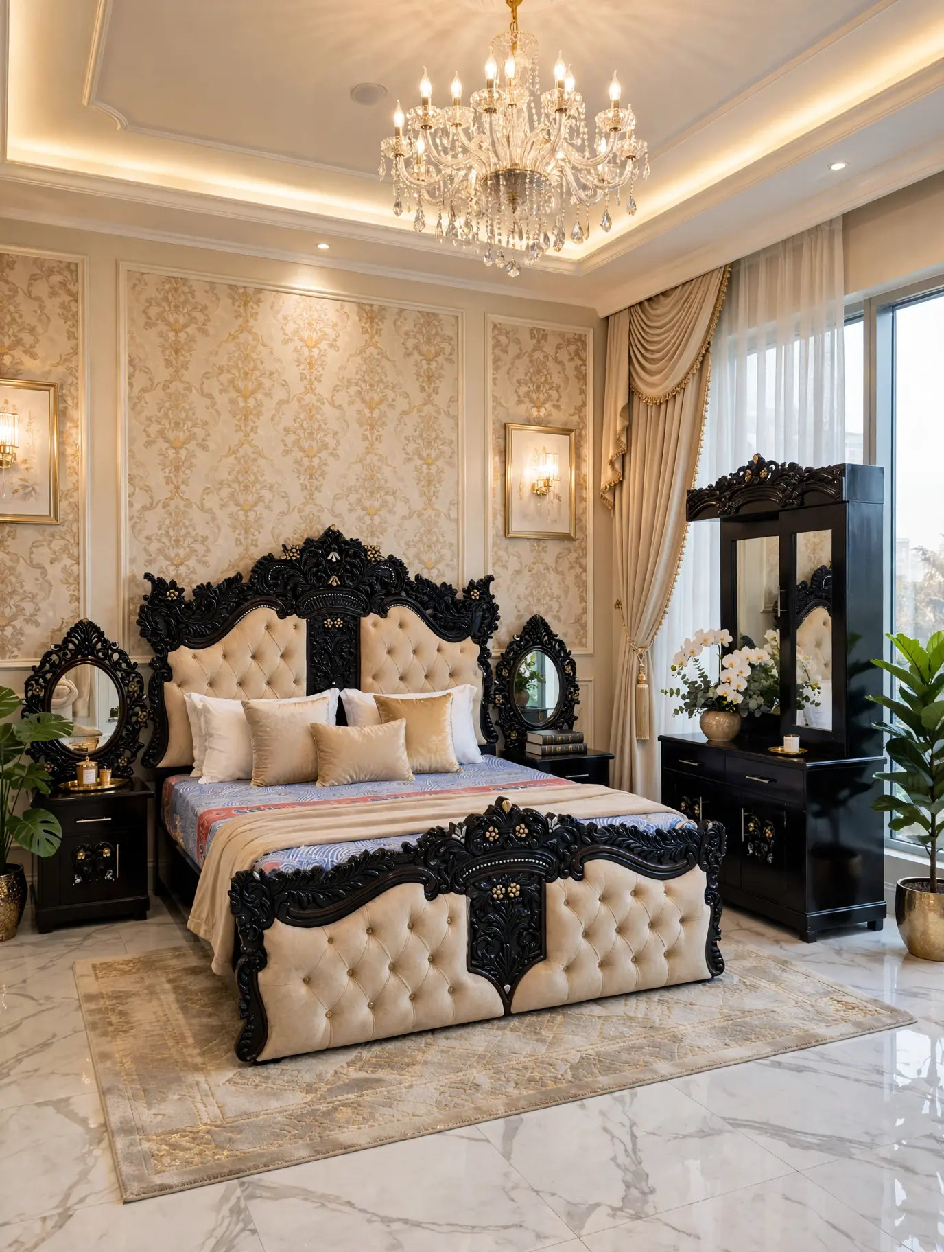 Black & Beige Tufted Bed Set