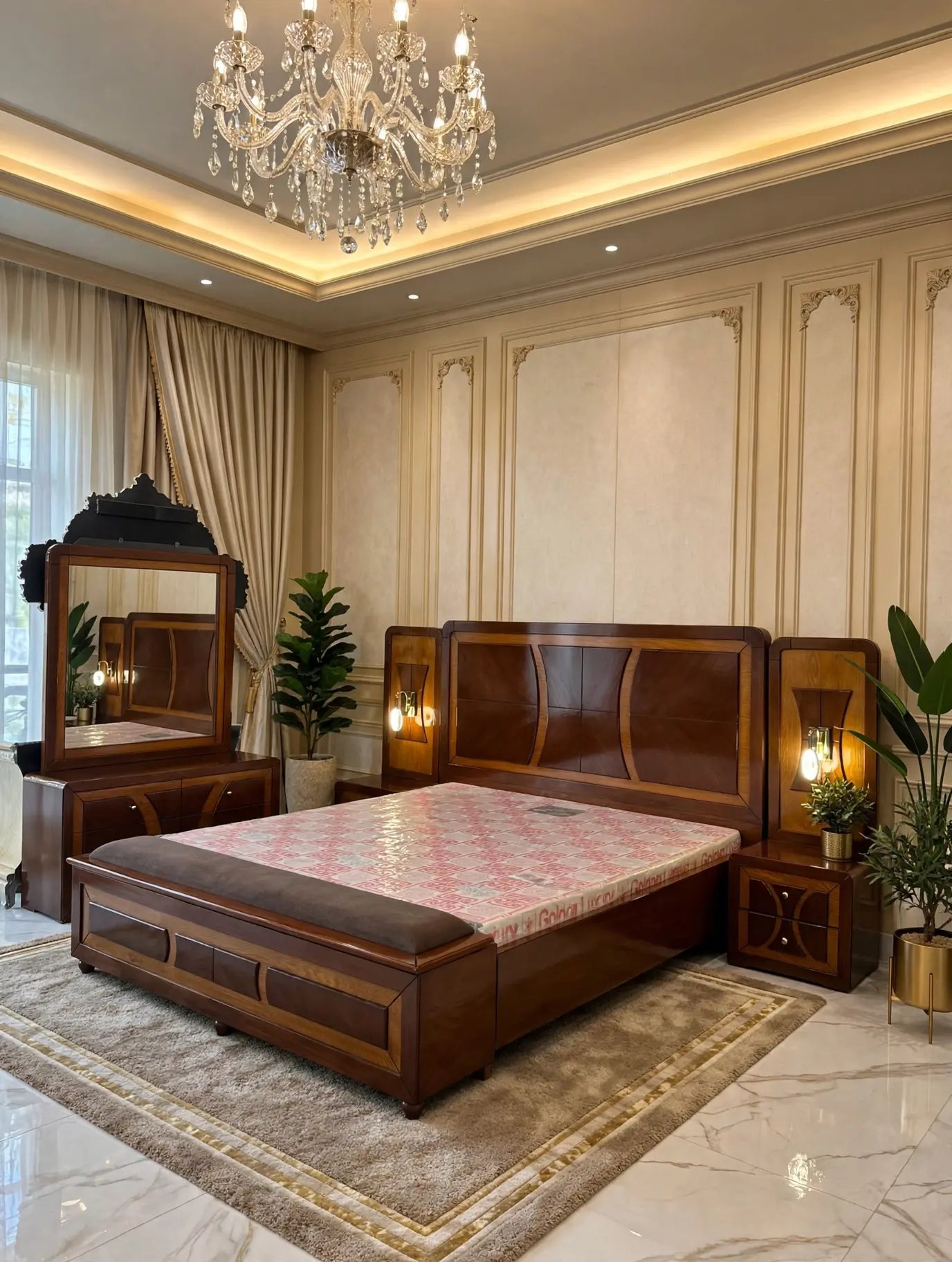 Sheesham & Walnut Bed Set (High Gloss Polish)