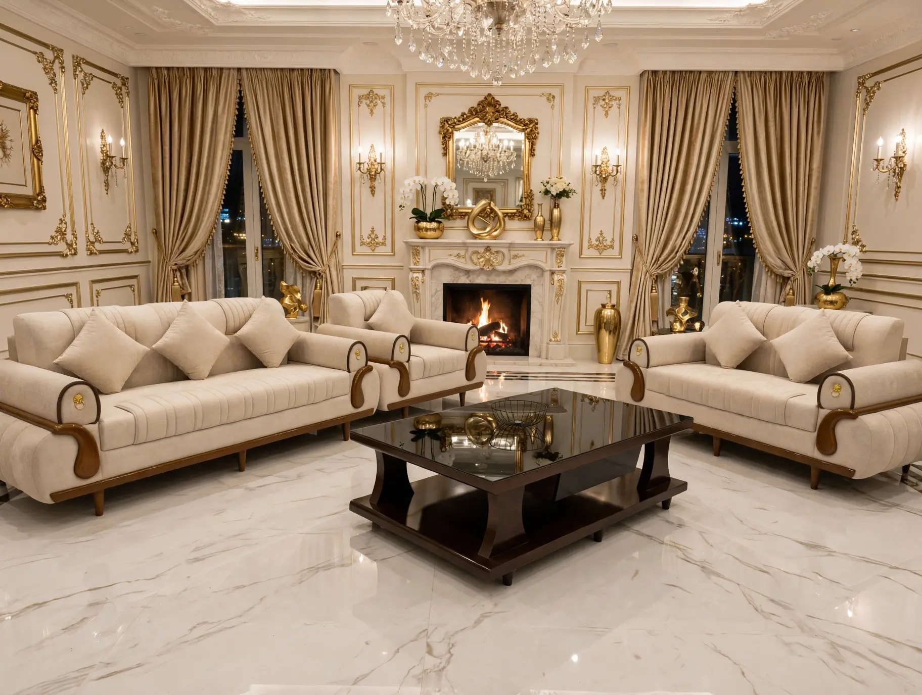 Turkish Modern Sofa Set with Wooden Border