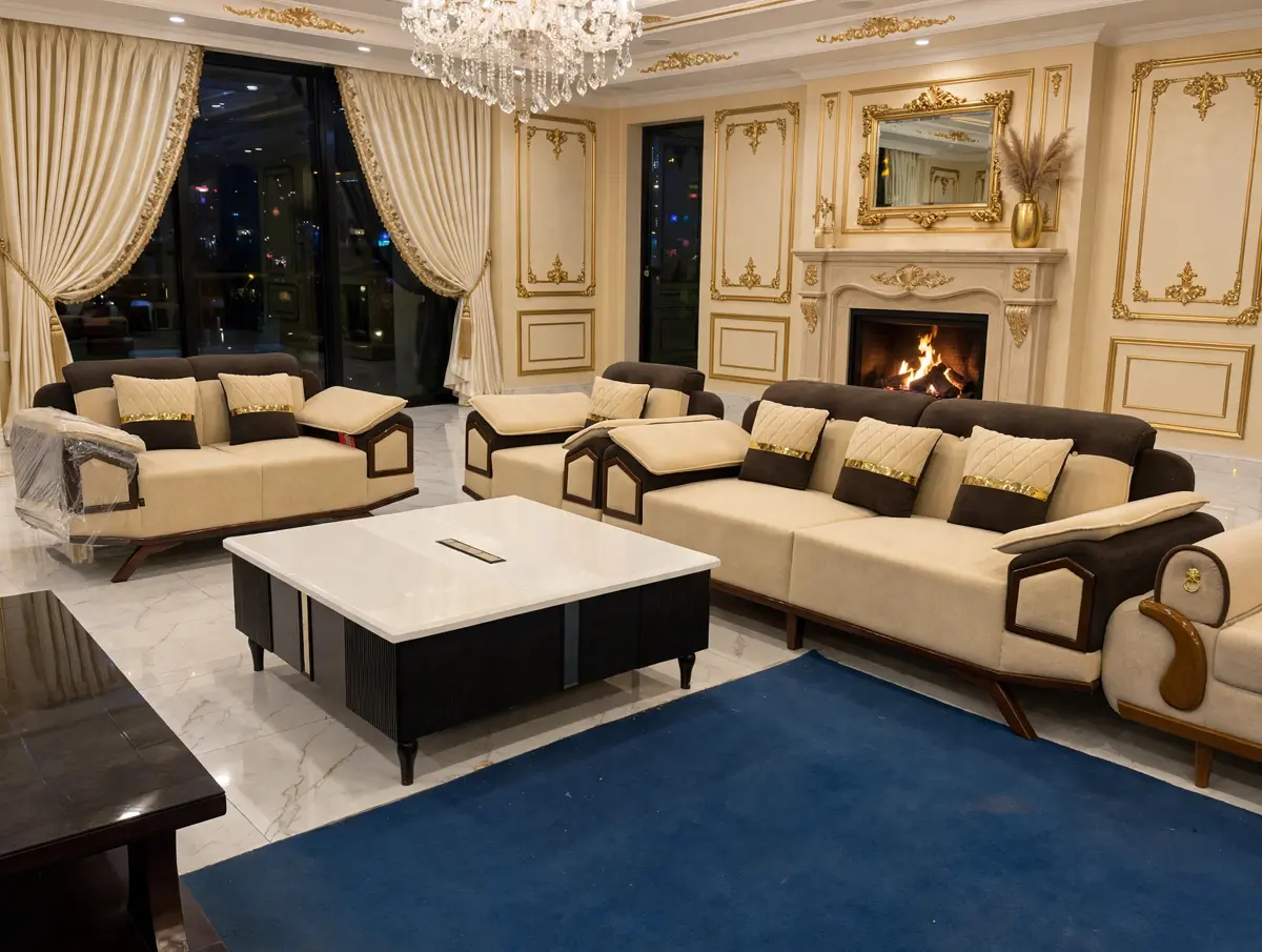 Cream & Brown Sofa Set
