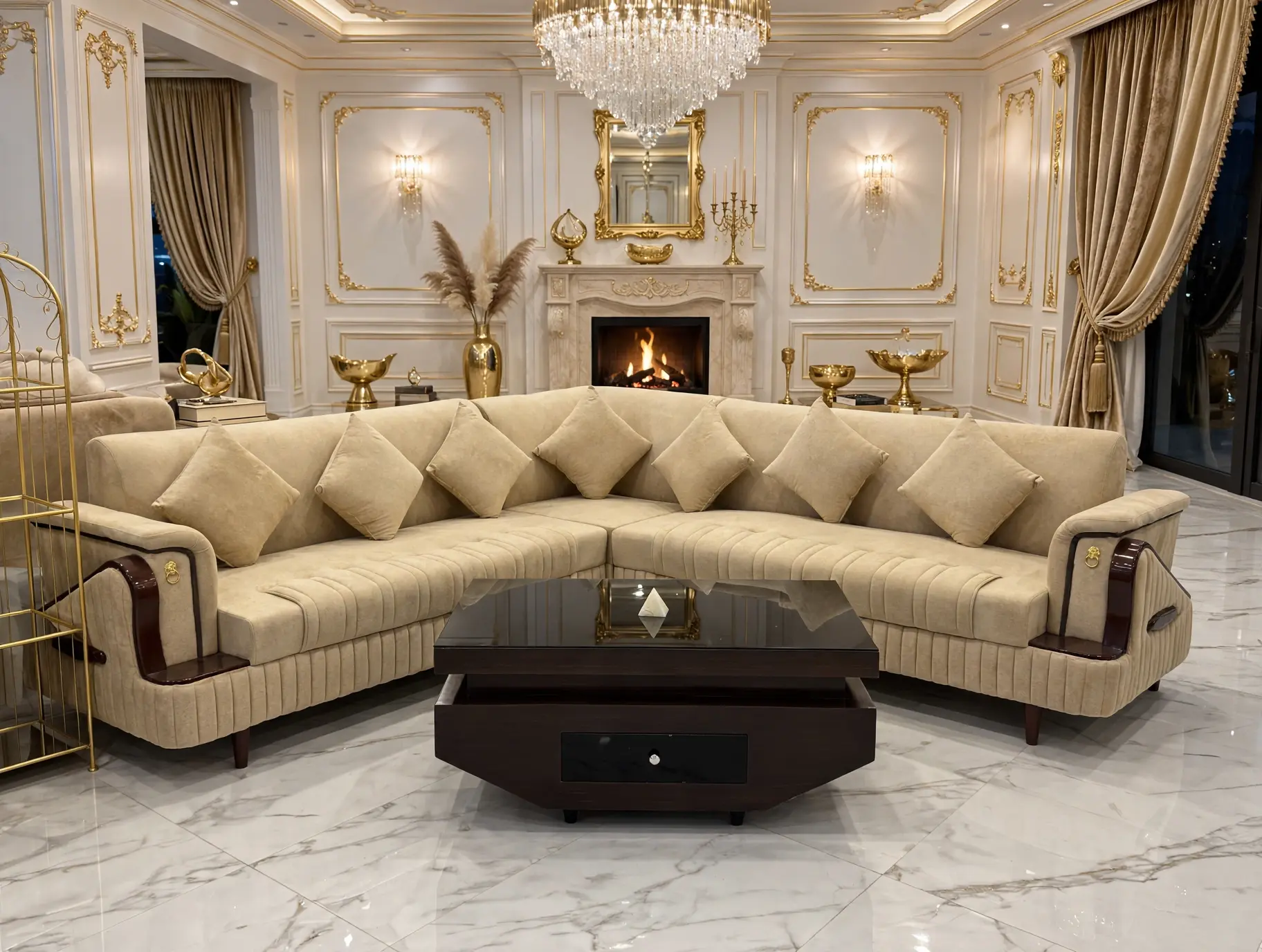 Turkish L-Shape Corner Sofa with Wooden Arms