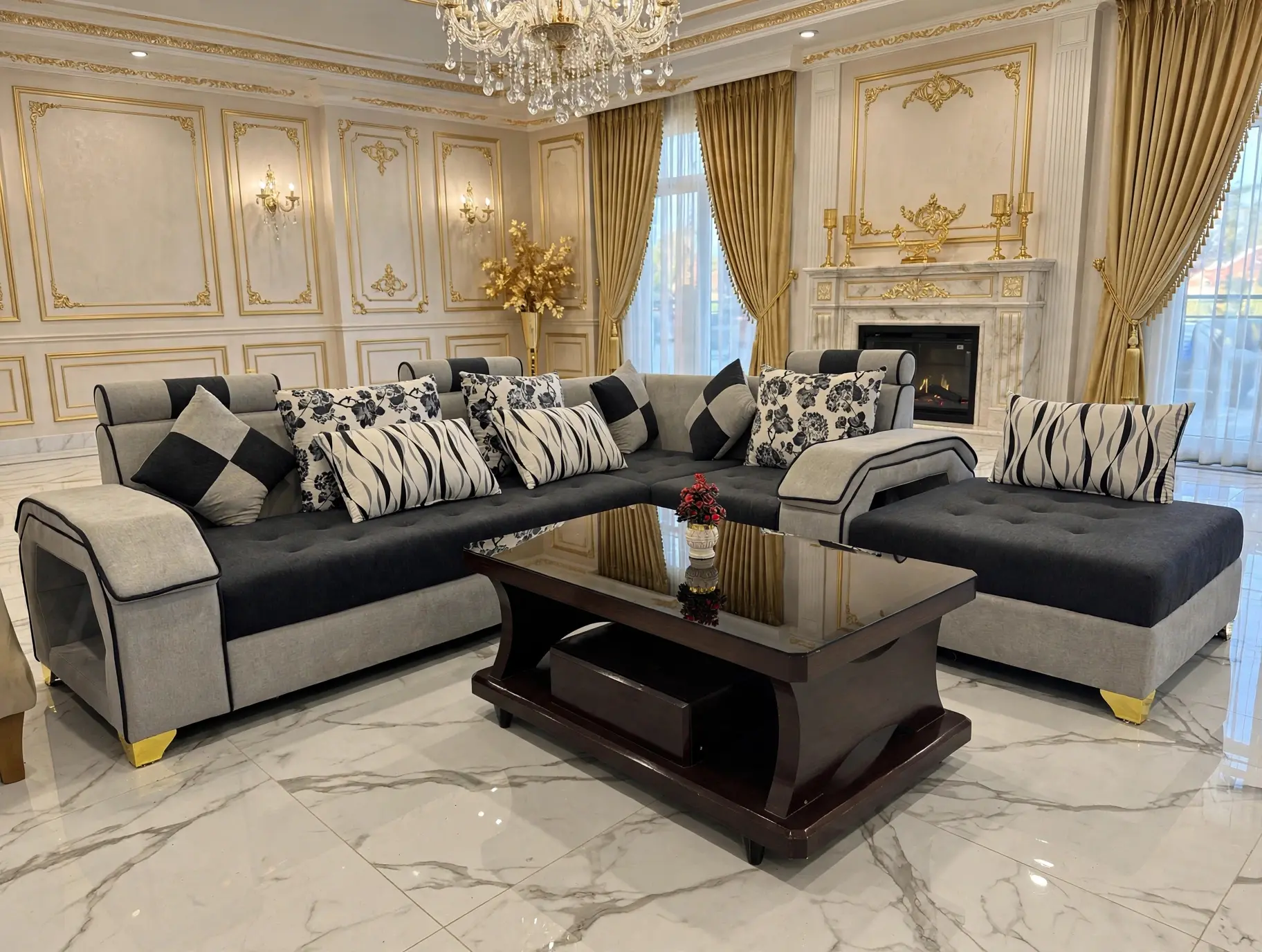 Turkish L-Shape Corner Sofa with Ottoman Set