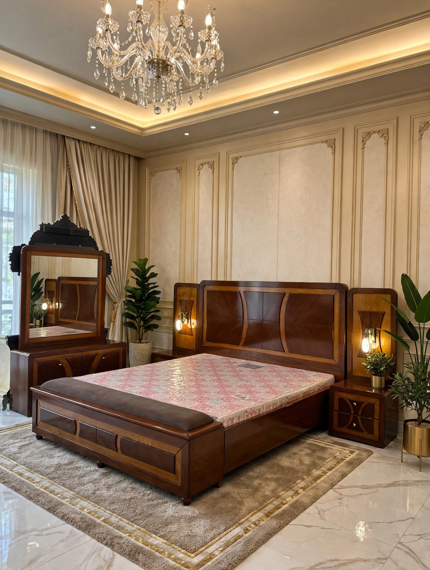 Sheesham & Walnut Bed Set (High Gloss Polish)